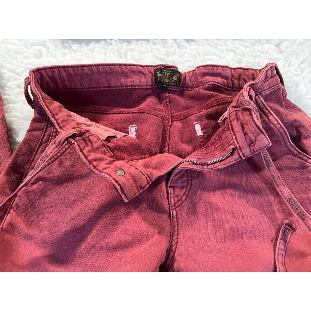 True Religion SportsWear Mens Denim Joggers 31x29 Dark Red Drawstring + Zip - Picture 6 of 10